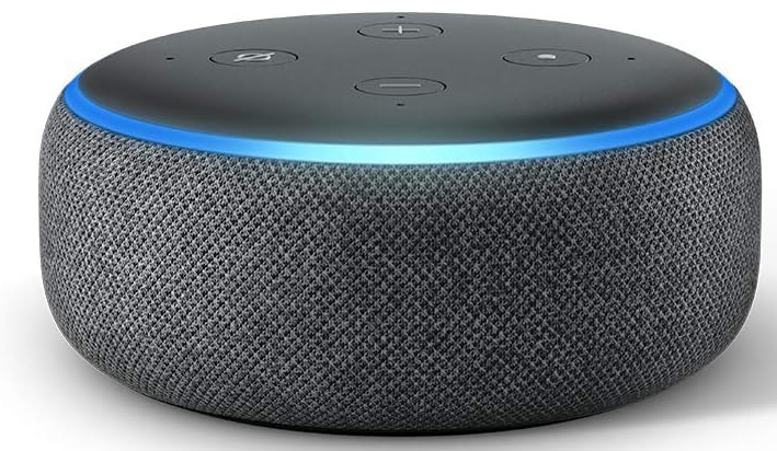 Third-generation Echo Dot smart speaker with strong sales on Amazon, featuring a blue light ring.